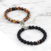 Natural stone heart magnet couple bracelets with brown tiger’s eye and black onyx beads